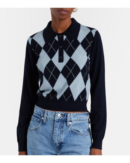 FRAME Blue Argyle Wool-Blend Polo Sweater