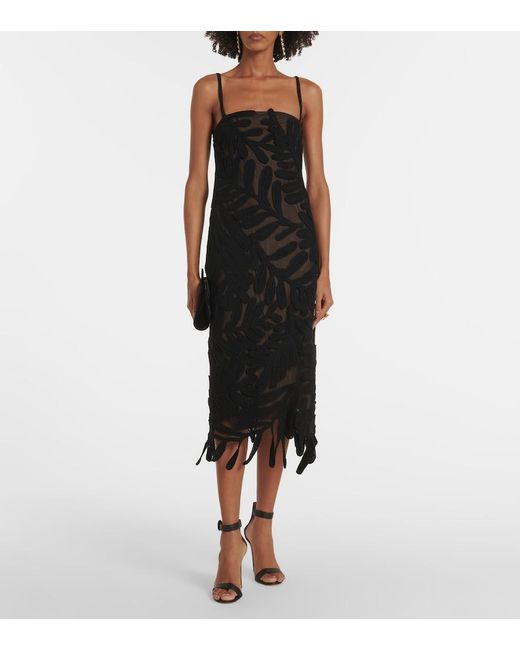 Oscar de la Renta Black Fern Crochet-Knit Midi Dress