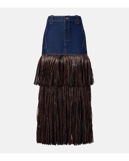 Gonna Lunga Di Jeans Con Frange di Johanna Ortiz in Blue