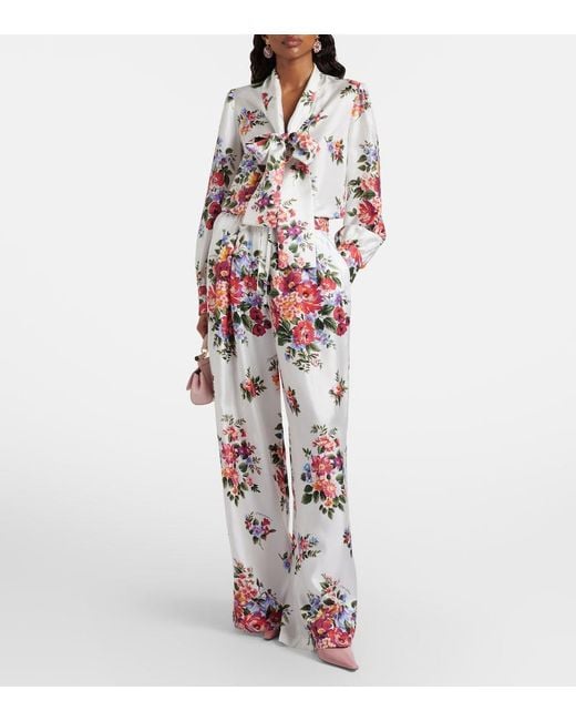 Dolce & Gabbana White Floral Tie-Neck Silk Blouse