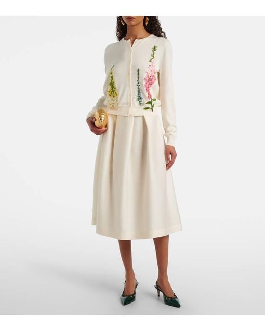 Oscar de la Renta Natural Foxgloves Embroidered Virgin Wool Cardigan