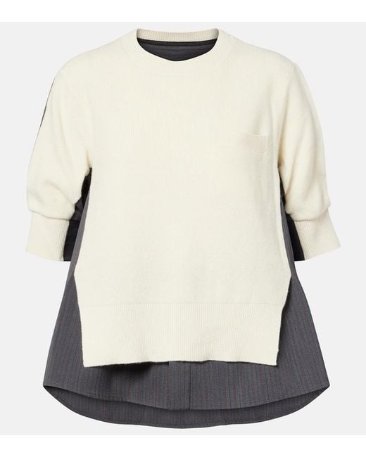 Sacai White Striped Layered Wool Sweater