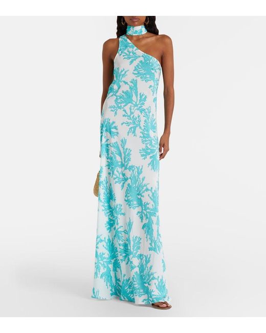 Alexandra Miro Blue Odetta Scarf-Detail One-Shoulder Gown