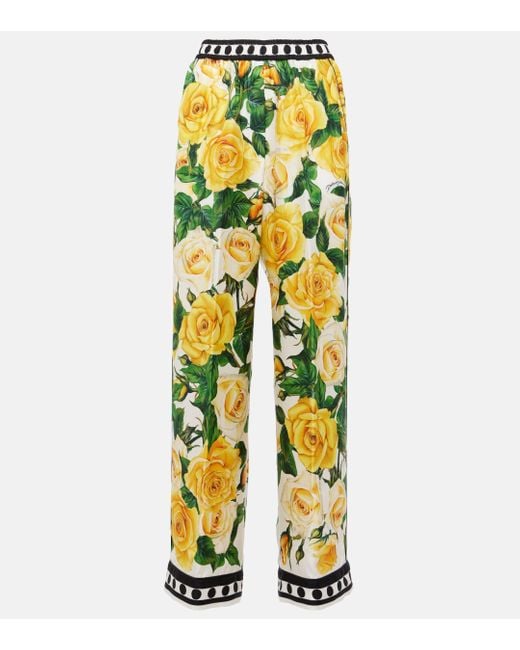 Dolce & Gabbana Yellow Floral High-rise Silk Wide-leg Pants