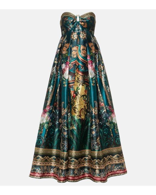 Camilla Green Printed Strapless Satin Gown