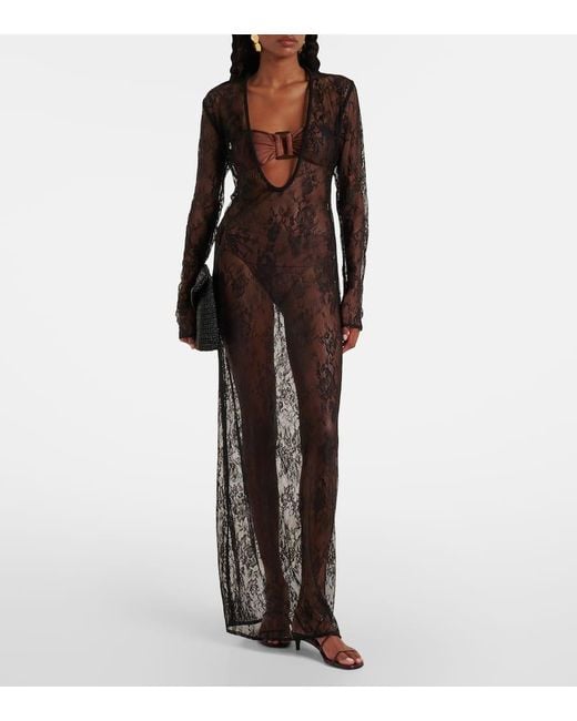 Adriana Degreas Gray Sheer Lace Maxi Dress