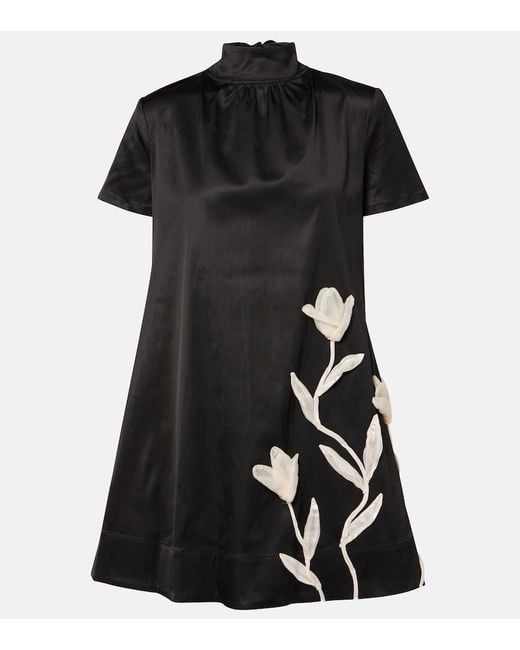 Staud Black Ilana Floral-Applique Satin Minidress