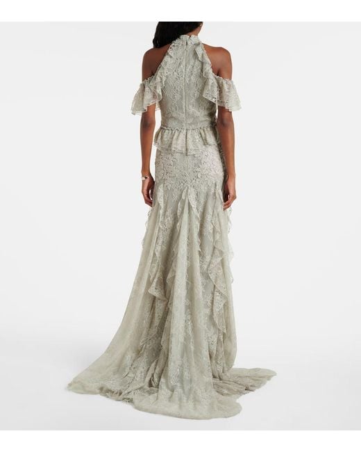 Costarellos White Rhodine Embellished Halterneck Lace Gown