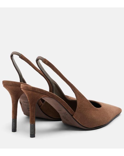 Brunello Cucinelli Brown Monili Suede Slingback Pumps