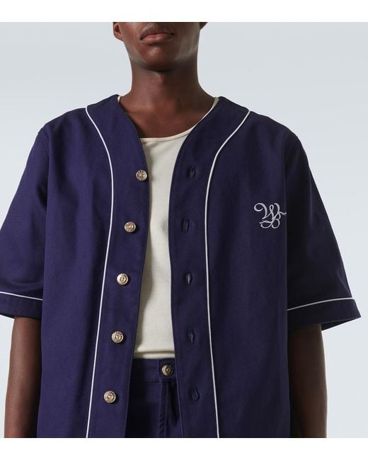 Wales Bonner Blue Logo-Embroidered Cotton-Drill Baseball Shirt for men