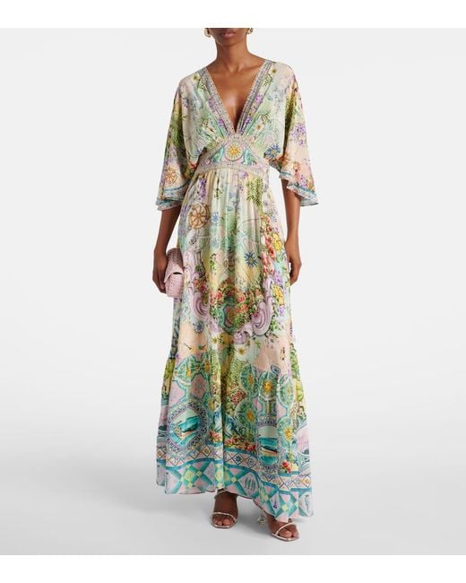 Vestido Largo Just Coasting De Seda Adornado Camilla de color Green