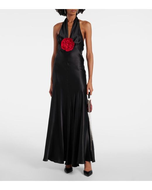 Rodarte Black Floral-Applique Silk Satin Maxi Dress