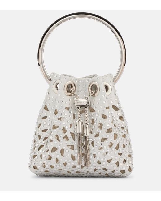 Jimmy Choo White Bon Bon Micro Laser-Cut Satin Bucket Bag