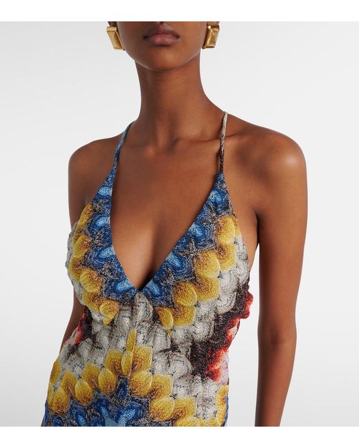 Missoni White Zigzag Open-Back Lame Gown