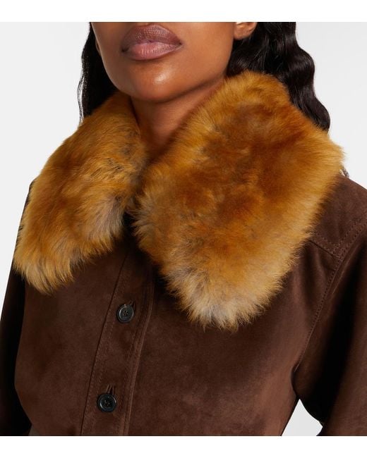 Saint Laurent Brown Belted Shearling-Trimmed Suede Jacket