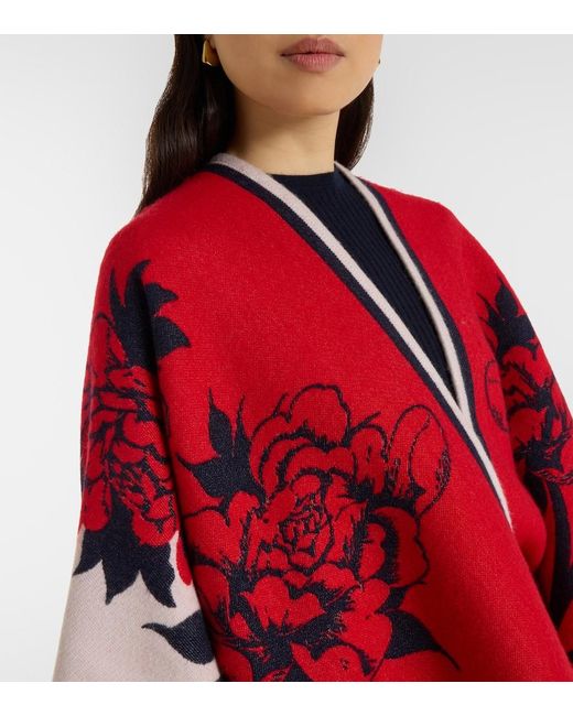 LaDoubleJ Red Soul Floral Wool And Silk Poncho
