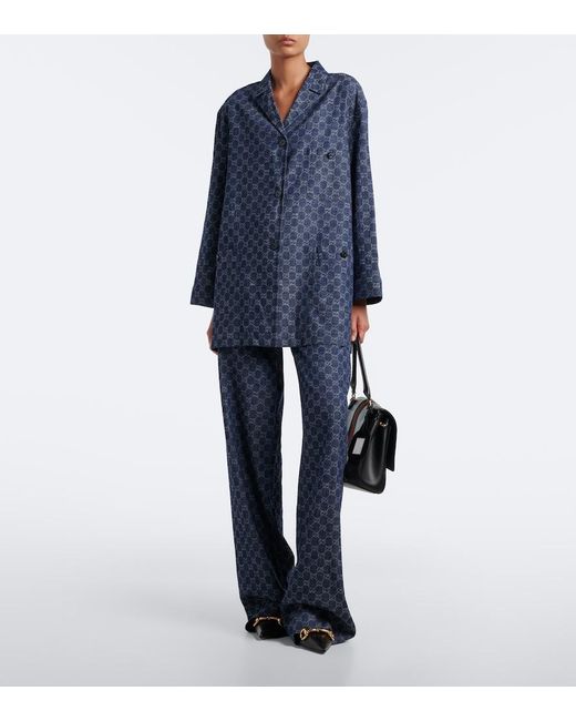 Gucci Blue Gg Jacquard Wide-Leg Jeans