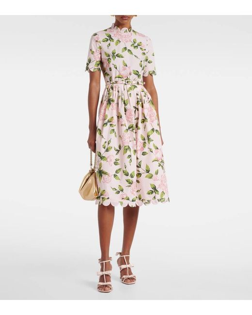 Oscar de la Renta White Floral Cotton-Blend Poplin Midi Dress