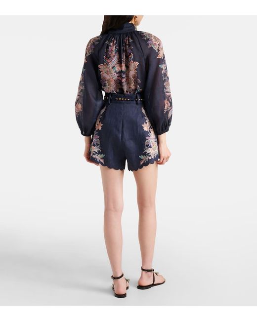 Zimmermann Blue Rhiannon Printed Ramie Blouse