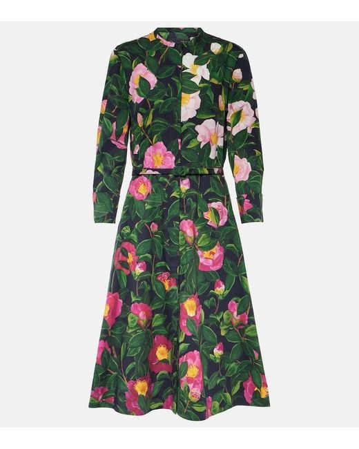 Oscar de la Renta Green Floral Cotton-blend Shirt Dress