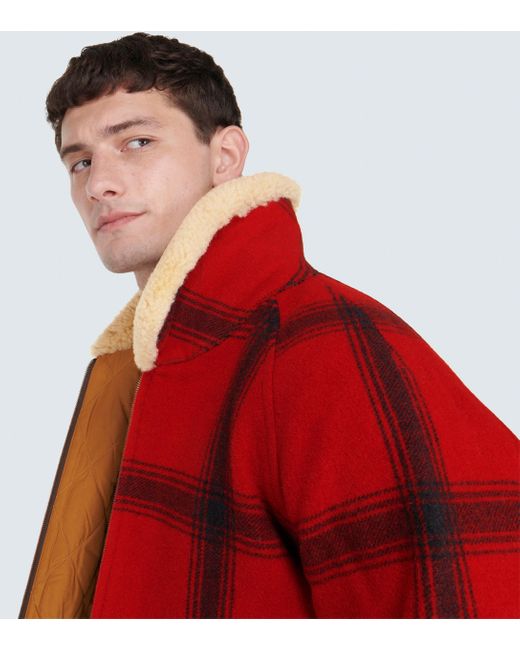 RRL Shearling-trimmed Checked Wool Jacket in Red for Men | Lyst UK