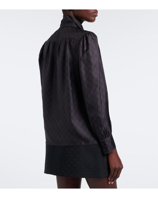 Gucci Black Gg Tie-Neck Silk Twill Blouse