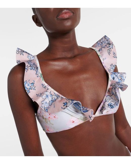 Zimmermann Natural Halliday Ruffled Floral Bikini Top