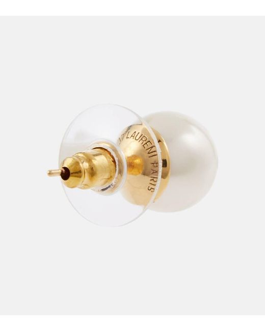 Saint Laurent Metallic Logo Faux Pearl Stud Earrings