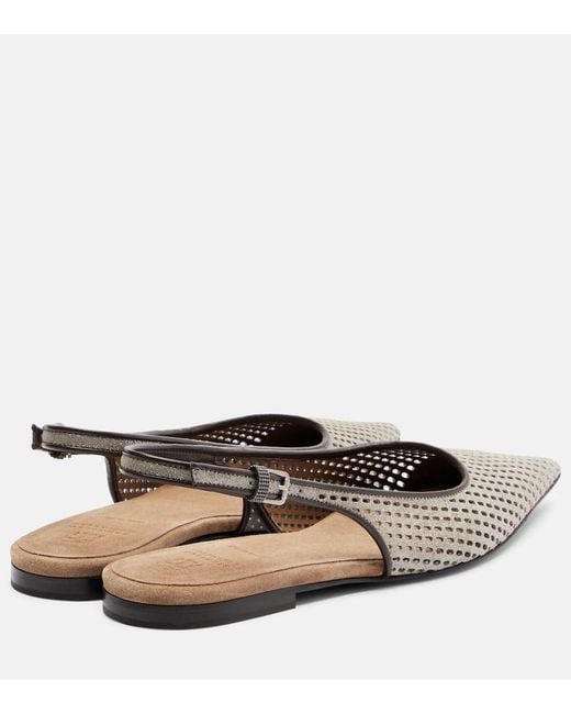 Brunello Cucinelli Brown Monili Leather Slingback Ballet Flats