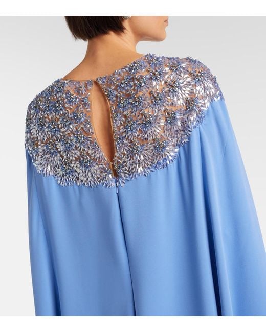 Oscar de la Renta Blue Embellished Caped Silk-Blend Gown