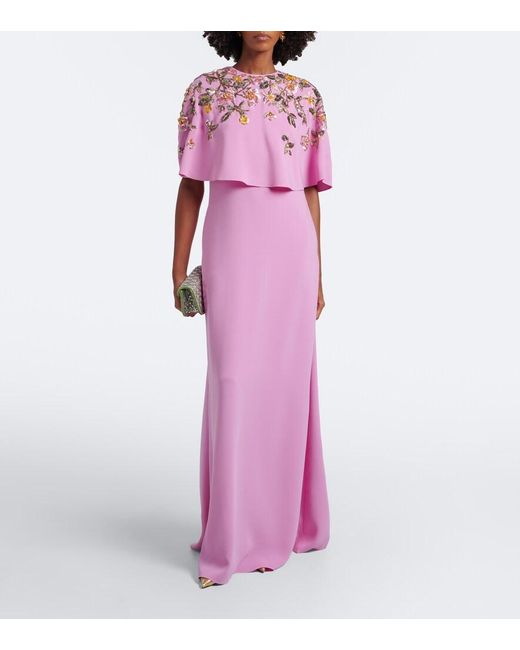 Oscar de la Renta Pink Caped Floral Silk-Blend Georgette Gown