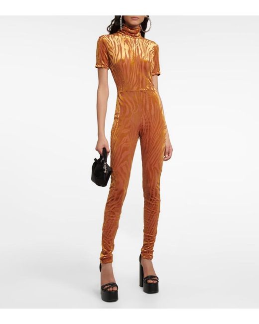 Alex Perry Orange Benton Devore Zebra-Print Catsuit
