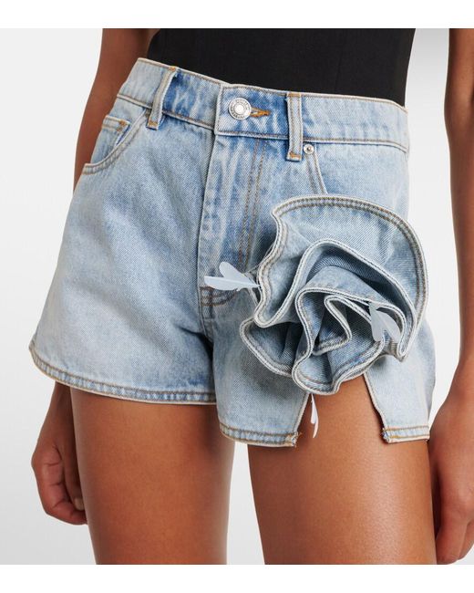 Area Blue Floral-applique Denim Shorts