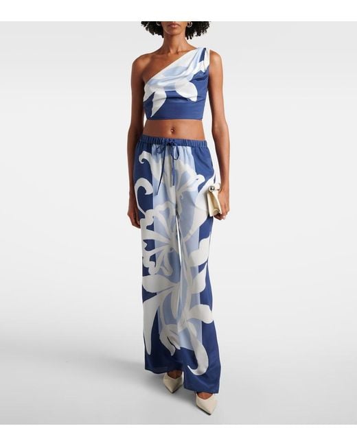 Sir Blue Sorrento Printed Silk Satin Wide-Leg Pants