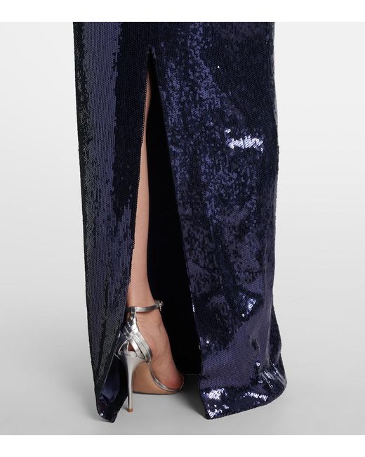 Rebecca Vallance Blue Cressida Puff-Sleve Sequined Gown