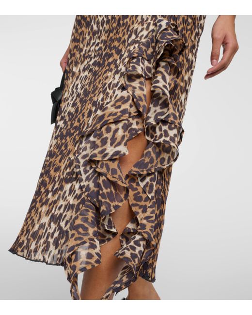 Ganni Brown Leopard-print Georgette Midi Skirt