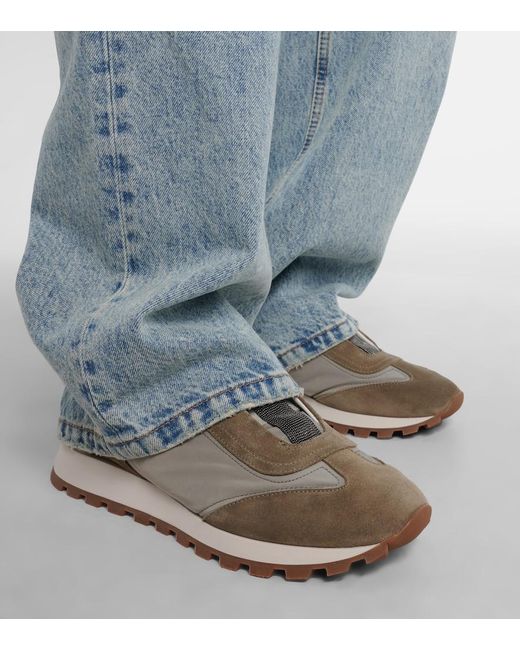 Brunello Cucinelli Gray Monili Suede-Trimmed Sneakers