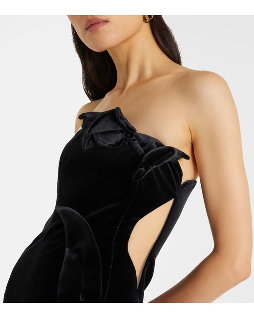 LEO LIN Black Marilyn Cutout Floral-Applique Velvet Gown