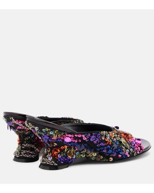 Dries Van Noten Blue 75 Sequined Leather Wedge Mules