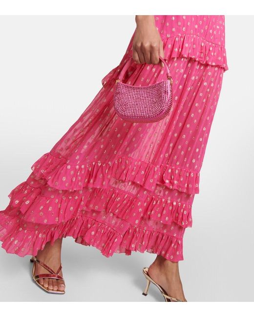 Rixo Pink Shireen Ruffled Polka-dot Metallic Fil Coupé Maxi Dress