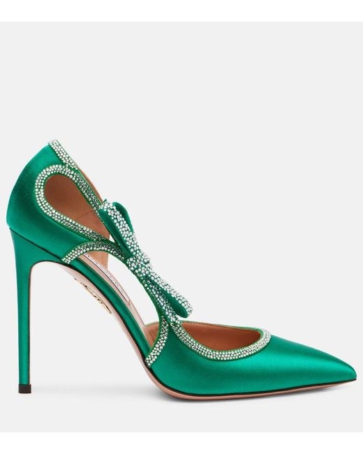 Aquazzura Green Soave Crystal 105 Bow-Detail Satin Pumps