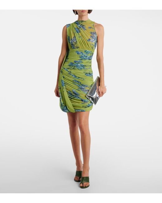 Magda Butrym Green Draped Floral Semi-Sheer Minidress