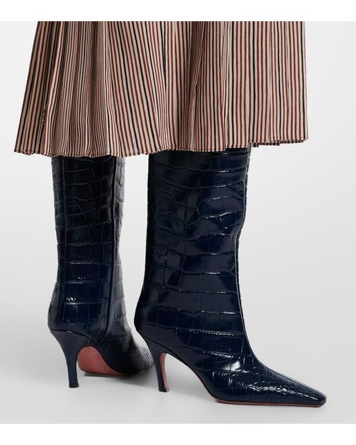 AMINA MUADDI Blue Mona Croc-Effect Leather Knee-High Boots