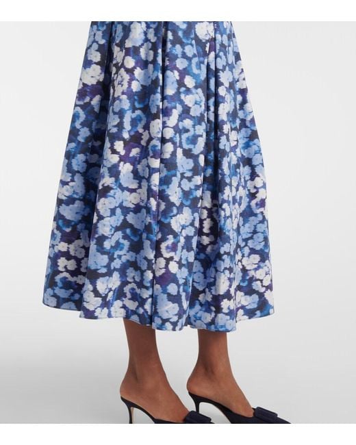 Erdem Blue Floral Pleated Cotton Midi Skirt