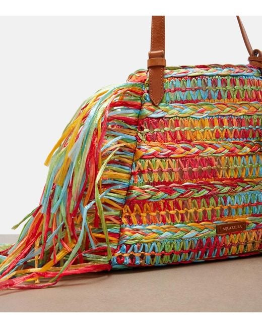 Aquazzura Red Trancoso Fringed Raffia Tote Bag