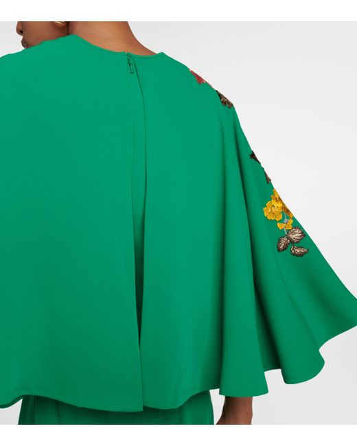 Costarellos Green Zinnia Embroidered Cape Maxi Dress