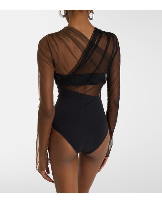 Nensi Dojaka Black Cutout Ruched Sheer Bodysuit