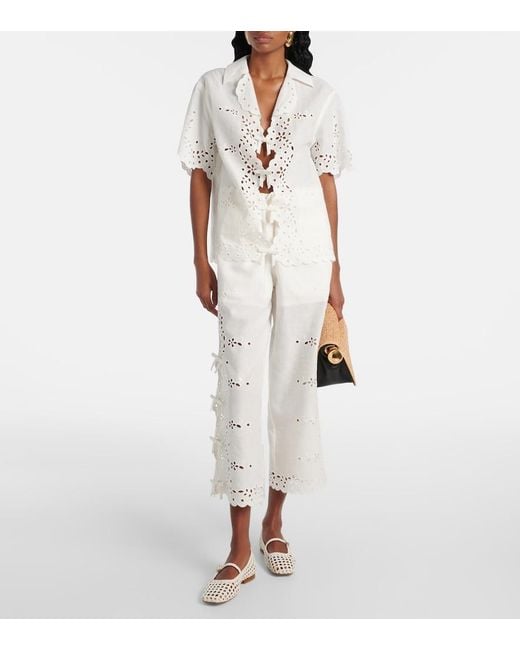 Self-Portrait White Embroidered Linen And Cotton Wide-Leg Pants