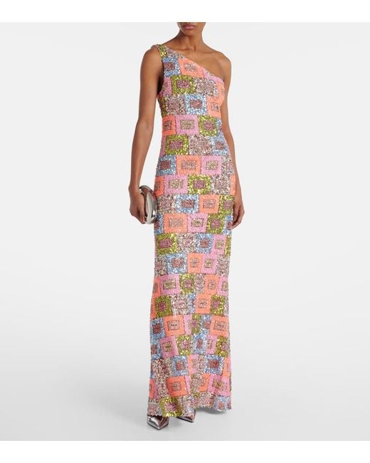 ‎Taller Marmo White Sequined One-Shoulder Gown