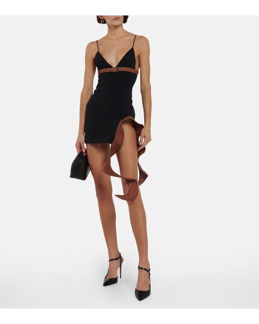 David Koma Black Leather-Trimmed Cady Minidress